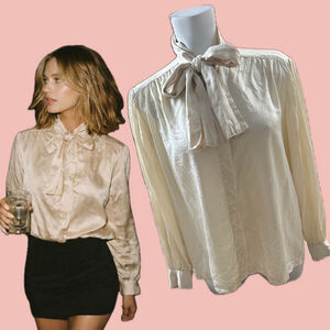 Vintage Silk Bow Blouse Cream Timeless Elegant Size L